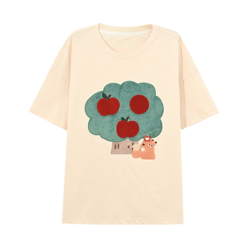 Kawaii Cartoon Apple Tree Embroidered T-shirts