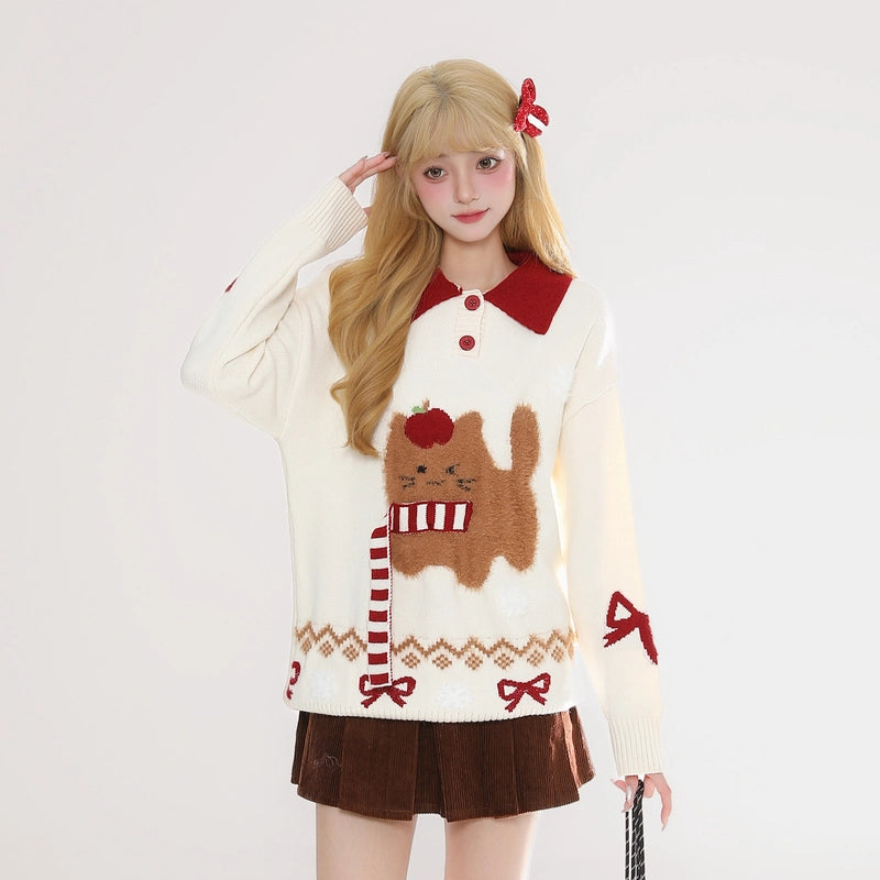 Kawaii Cartoon Cat Embroidered Jacquard Sweater