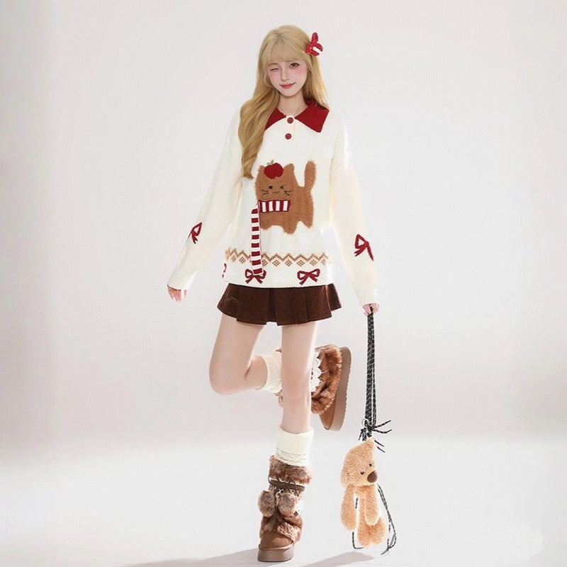 Kawaii Cartoon Cat Embroidered Jacquard Sweater