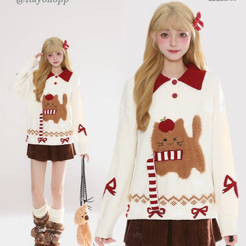 Kawaii Cartoon Cat Embroidered Jacquard Sweater
