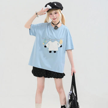 Kawaii Cartoon Cat Embroidered Oversized T-Shirt