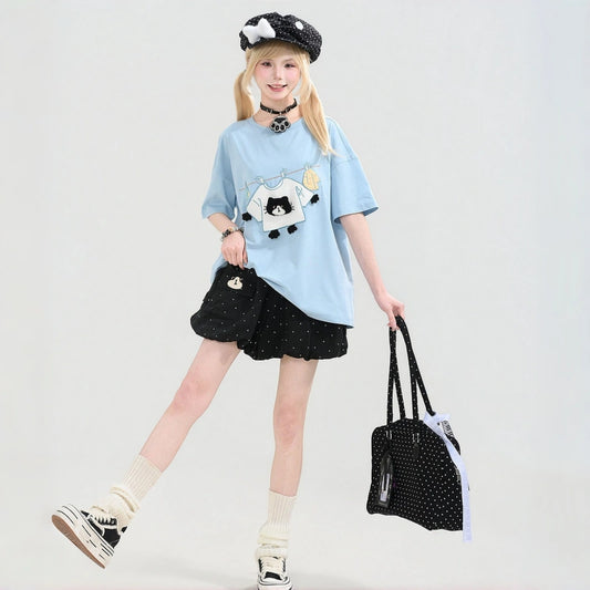 Kawaii Cartoon Cat Embroidered Oversized T-Shirt