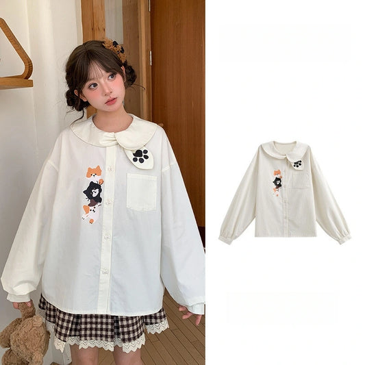 Kawaii Cartoon Cat Paw Embroidered Blouse