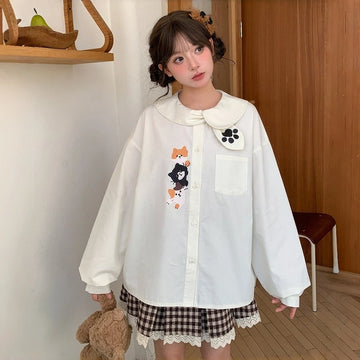Kawaii Cartoon Cat Paw Embroidered Blouse