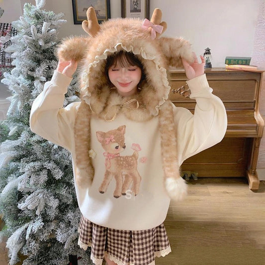 Kawaii Cartoon Deer Embroidered Fleece Sweatshirt