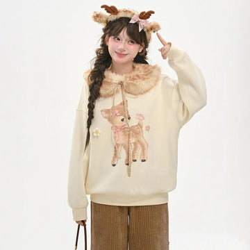Kawaii Cartoon Deer Embroidered Fleece Sweatshirt