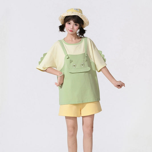 Kawaii Cartoon Dinosaur Faux Two-Piece T-Shirt