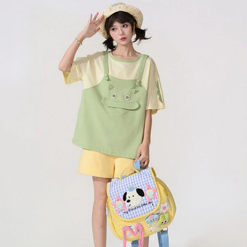 Kawaii Cartoon Dinosaur Faux Two-Piece T-Shirt
