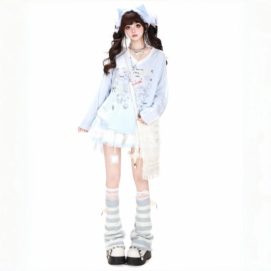 Kawaii Cartoon Doodle V-Neck Raglan Long Sleeve T-Shirt