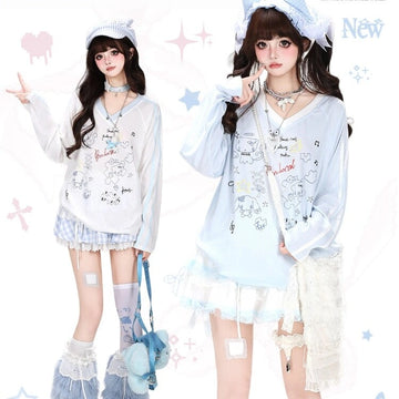 Kawaii Cartoon Doodle V-Neck Raglan Long Sleeve T-Shirt