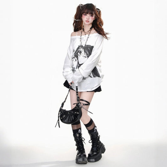 Kawaii Cartoon Girl Print One-shoulder Long-Sleeved T-shirt