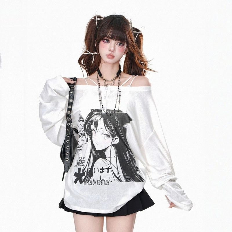Kawaii Cartoon Girl Print One-shoulder Long-Sleeved T-shirt