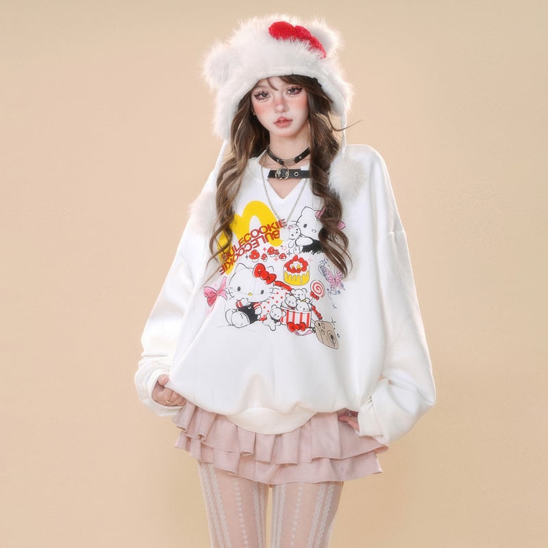 Kawaii Cartoon Hello Kitty Party Pattern Printed Collar Sweatshirt