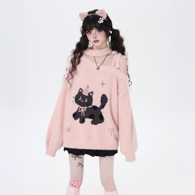 Kawaii Cartoon Kitten Embroidered Off-the-Shoulder Sweater