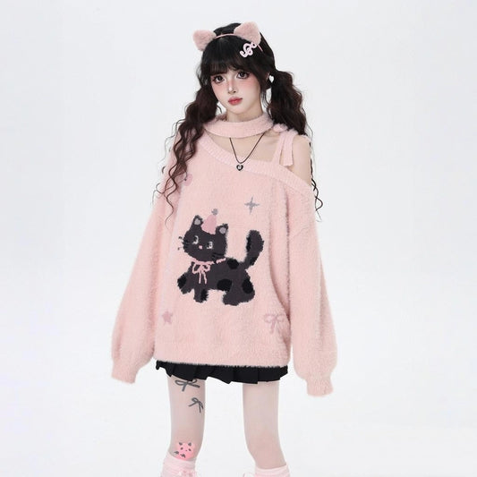 Kawaii Cartoon Kitten Embroidered Off-the-Shoulder Sweater