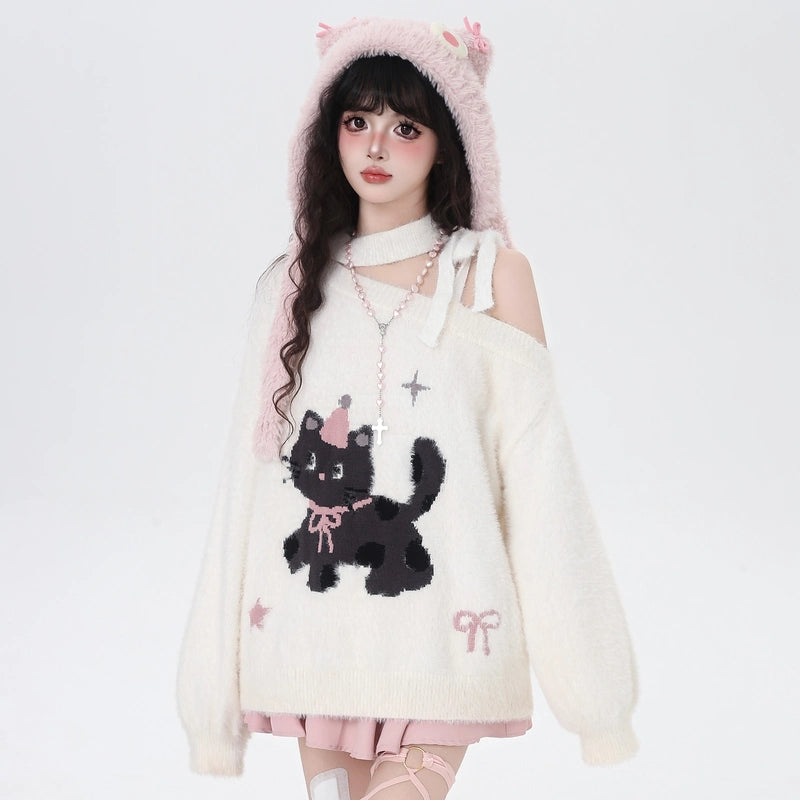 Kawaii Cartoon Kitten Embroidered Off-the-Shoulder Sweater
