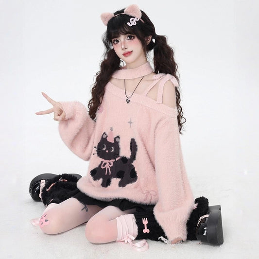 Kawaii Cartoon Kitten Embroidered Off-the-Shoulder Sweater