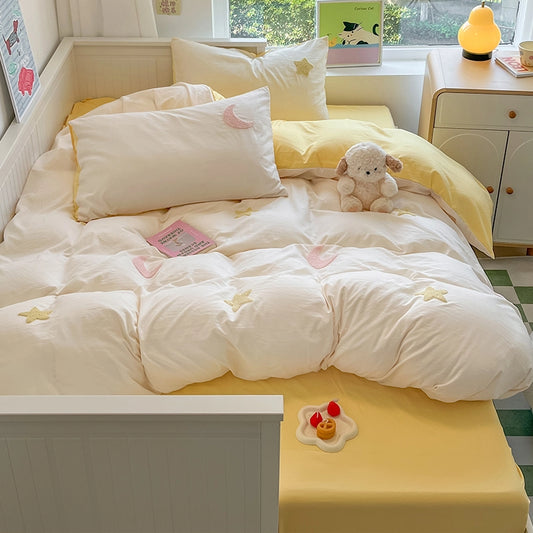 Kawaii Cartoon Style Star 3D Embroidery Bed Sheet Quilt Cover Set