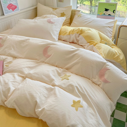 Kawaii Cartoon Style Star 3D Embroidery Bed Sheet Quilt Cover Set