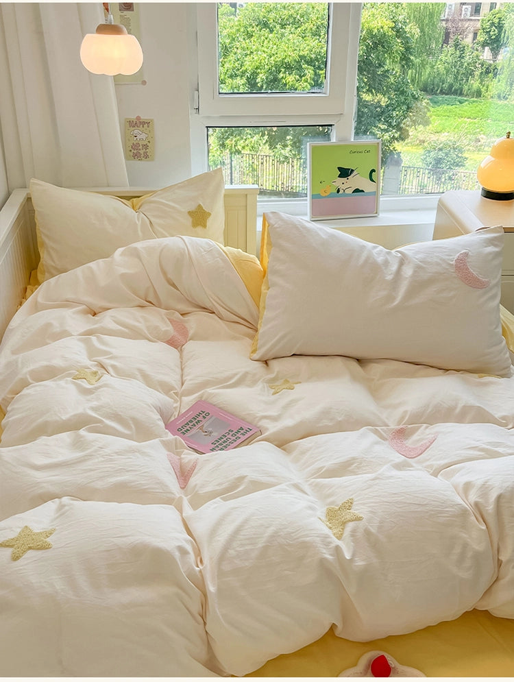 Kawaii Cartoon Style Star 3D Embroidery Bed Sheet Quilt Cover Set