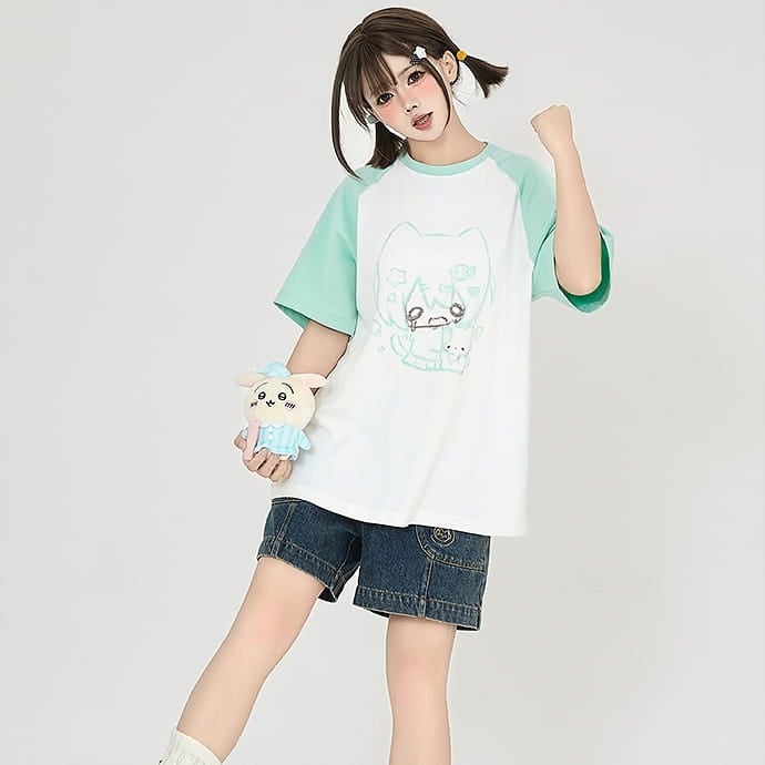 Kawaii Cartoon Sweet Girl Graffiti Print Loose T-shirt