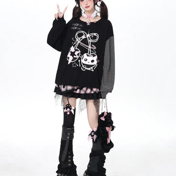 Kawaii Cat & Cherry Striped Oversized Long Sleeve T-Shirt