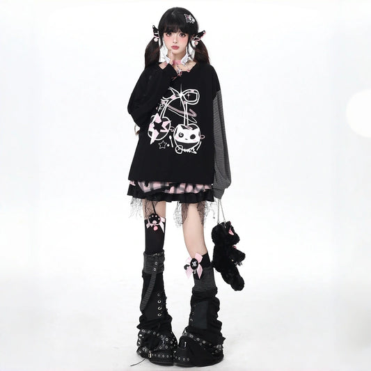 Kawaii Cat & Cherry Striped Oversized Long Sleeve T-Shirt