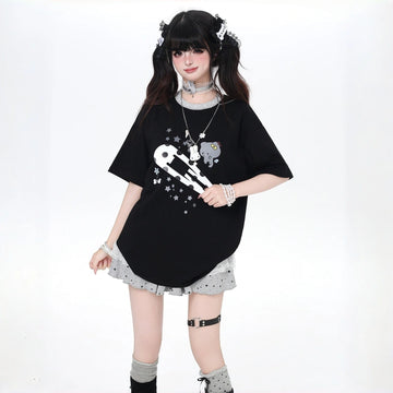 Kawaii Cat Clip Graphic Oversized T-Shirt