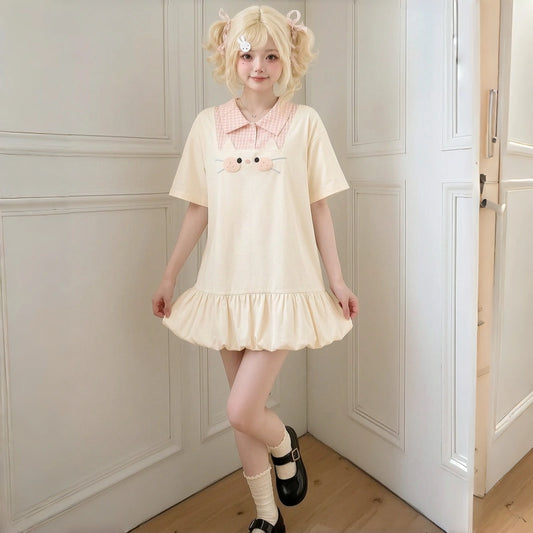 Kawaii Cat Collar Faux Two-Piece T-Shirt Dress