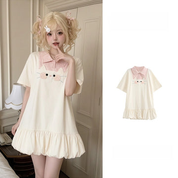 Kawaii Cat Collar Faux Two-Piece T-Shirt Dress