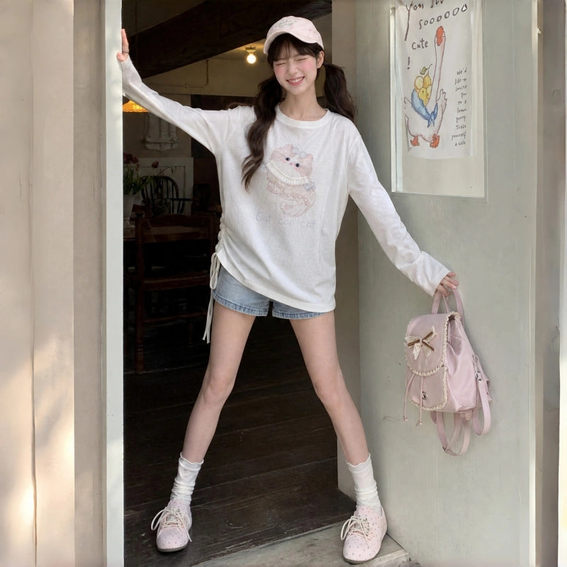 Kawaii Cat Drawstring Long Sleeve T-Shirt