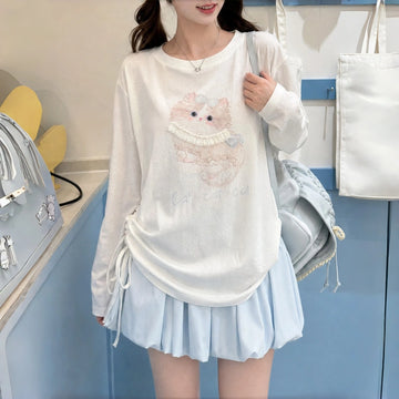 Kawaii Cat Drawstring Long Sleeve T-Shirt