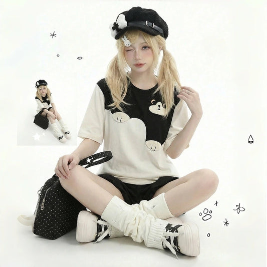 Kawaii Cat Embroidered Collar Oversized T-Shirt