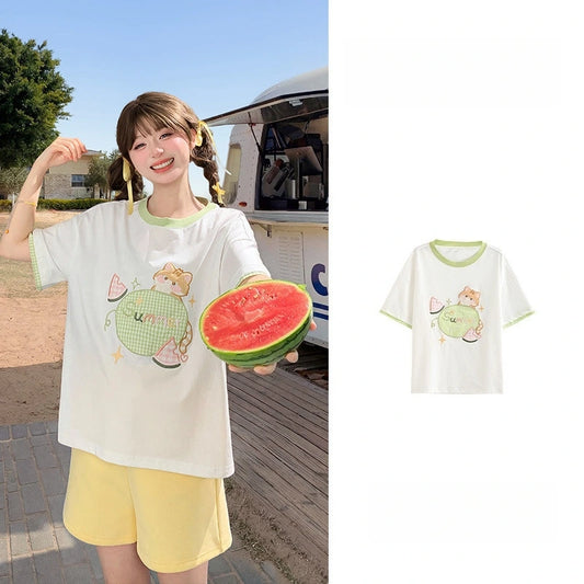 Kawaii Cat Watermelon Graphic T-Shirt
