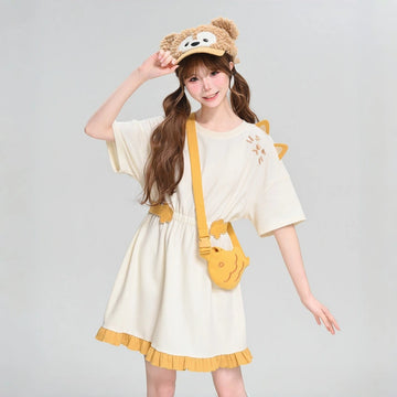 Kawaii Cat Embroidered Contrast Trim Summer Dress