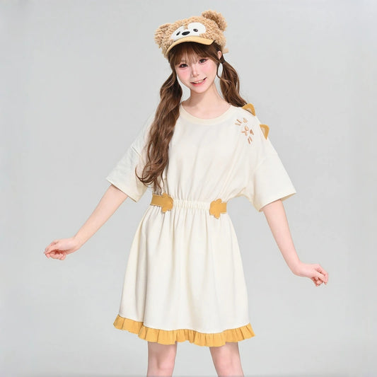 Kawaii Cat Embroidered Contrast Trim Summer Dress