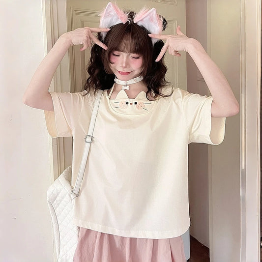 Kawaii Cat Embroidered Halter Neck T-Shirt