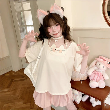 Kawaii Cat Embroidered Halter Neck T-Shirt