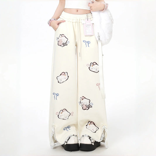 Kawaii Cat Embroidered Lace Trim Straight Leg Pants