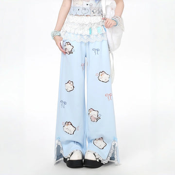Kawaii Cat Embroidered Lace Trim Straight Leg Pants
