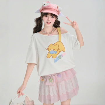 Kawaii Cat Embroidered Off-Shoulder Loose T-Shirt