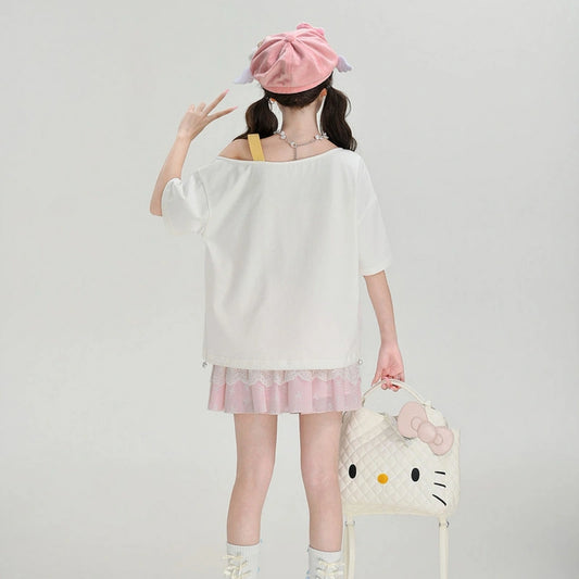 Kawaii Cat Embroidered Off-Shoulder Loose T-Shirt