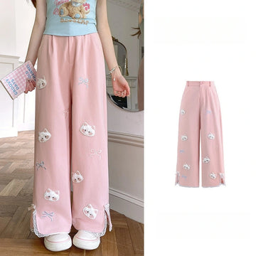 Kawaii Cat Embroidered Straight Leg Pants