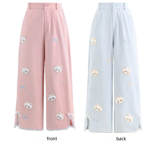 Kawaii Cat Embroidered Straight Leg Pants