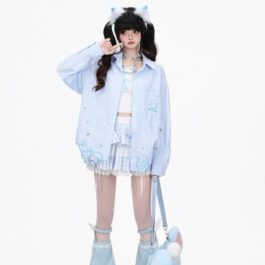 Kawaii Cat Embroidered Striped Oversized Blouse