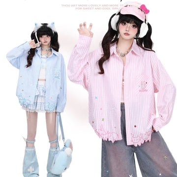 Kawaii Cat Embroidered Striped Oversized Blouse