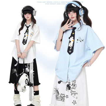 Kawaii Cat Embroidered Striped Shirt