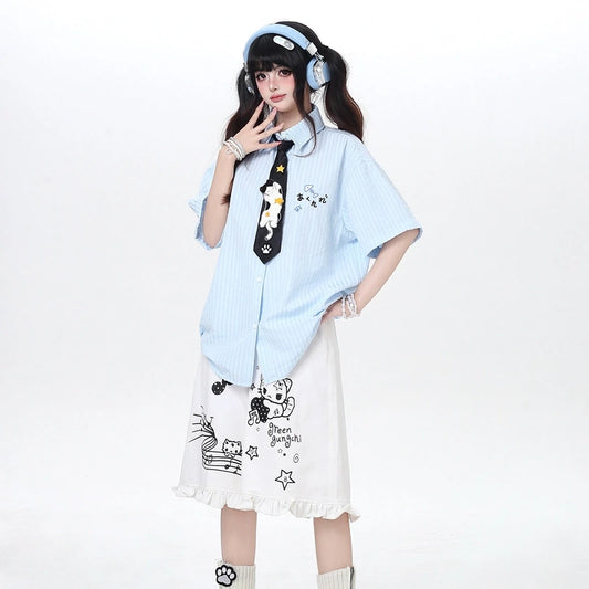 Kawaii Cat Embroidered Striped Shirt