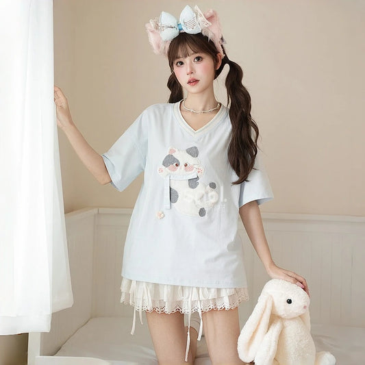 Kawaii Cat Embroidered V-Neck T-Shirt