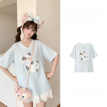 Kawaii Cat Embroidered V-Neck T-Shirt